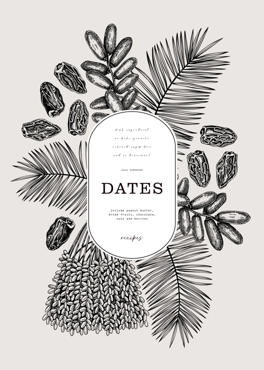 Date fruits frame design. Hand drawn vector illustration. Dates, palm leaves, dried fruits, sketches. Exotic fruit design template. Realistic oriental sweets background
